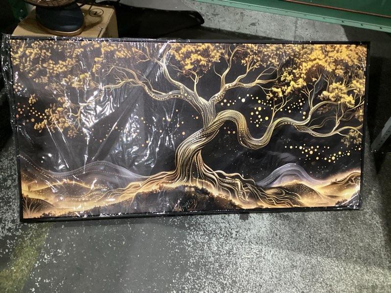 Condition photo showing As Is for Gold Trees Canvas Wall Art for Living Room - Black Art Wall Decor for Bedroom - Office Artwork Wall Decor, Gold Black, 29x 59, DAMAGED
