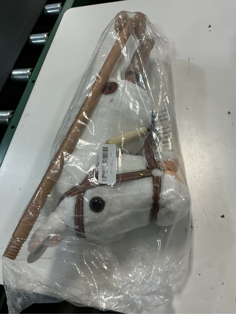Condition photo showing As Is for hollyhome stick horse plush handcrafted hobby horse on a stick with wood wheels real pony neighing and galloping sounds for kids toddlers white 36 inches(aa batteries required)