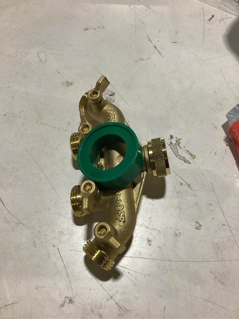 Condition photo showing Good Condition for heavy duty 4 - way garden hose splitter, 3/4” hose manifold, outdoor hose adapter connector with 4 metal extra long handle metal faucet adaptor 4-way