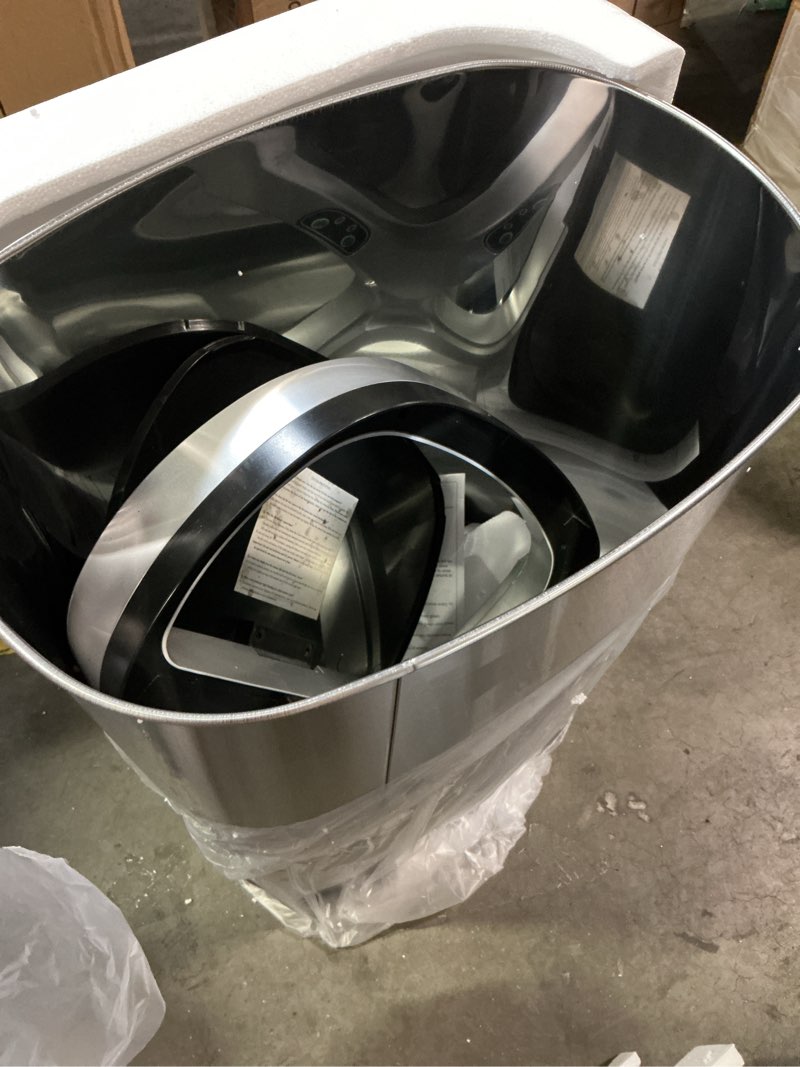 Condition photo showing New/Like New for bestoffice | 13 gallon trash can with lid | automatic touchless garbage can | odor control | modern oval design | easy to clean | stainless steel | fits any kitchen, bathroom, office or home stainless steel stainless steel
