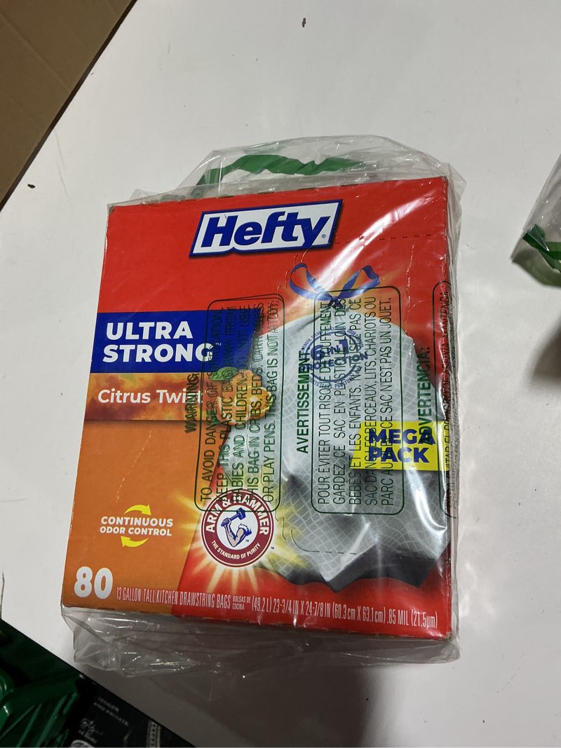 Condition photo showing New/Like New for hefty ultra strong tall kitchen trash bags, citrus twist scent, 13 gallon, 80 count