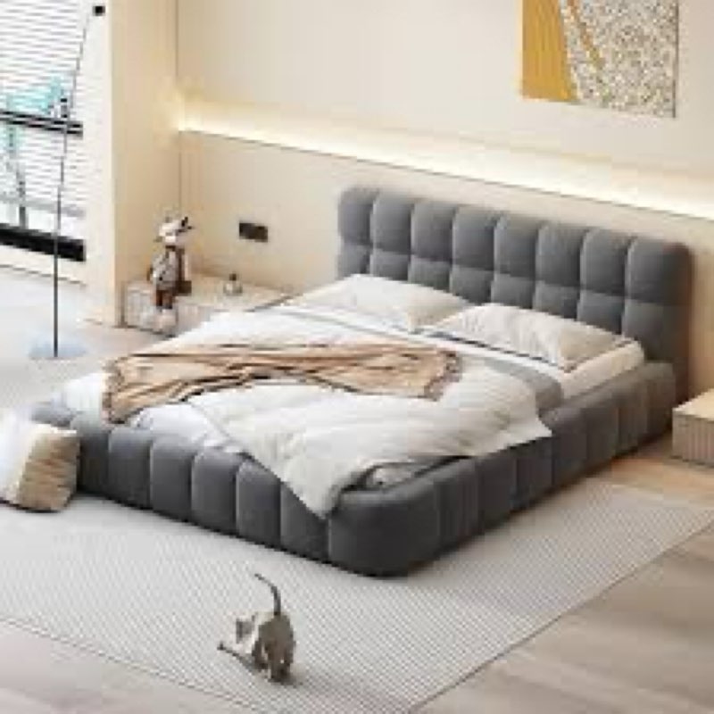 queen size upholstered platform bed with thick fabric, grounded bed with solid frame