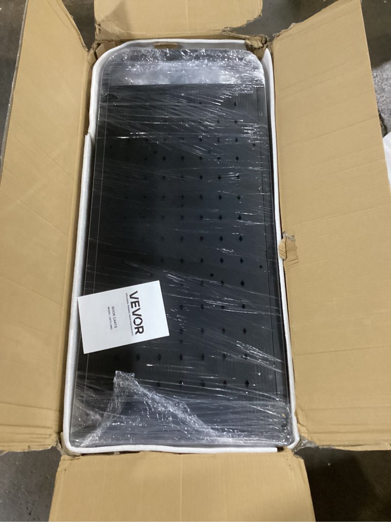 Condition photo showing Good Condition for VEVOR Rolling Library Book Cart, 330 lbs Capacity, 38.2 x 20.3 x 48.2-Inch Library Cart, Double Sided W-Shaped Shelves with 3-Inch Lockable Wheels, Book Truck for Home Shelves Office and School, Black