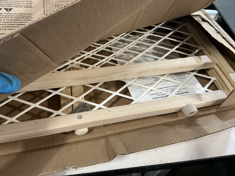 Condition photo showing As Is for toddleroo by north states - diamond mesh wooden baby gate: pressure mounted baby gate for doorways - adjustable 26.5 to 42 inches wide - 23 inches tall