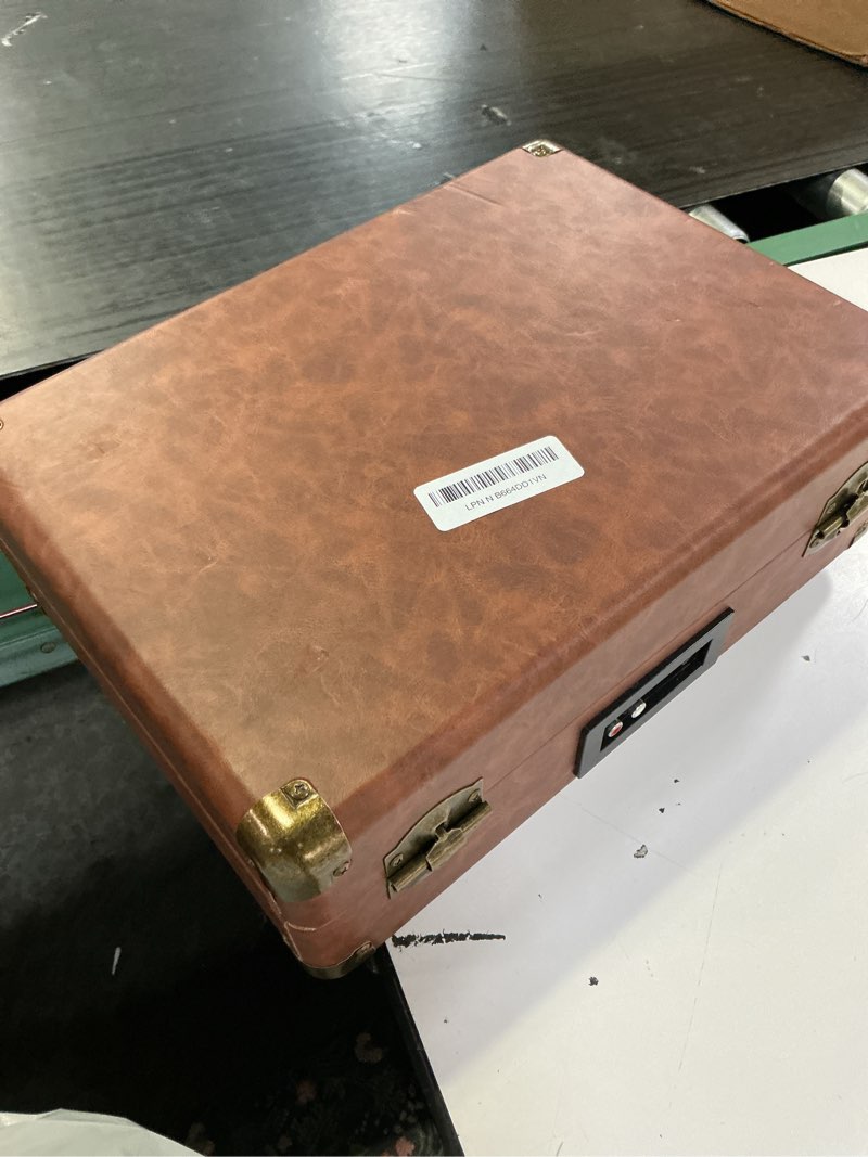 Condition photo showing As Is for victrola journey bluetooth portable suitcase record player – with built-in speakers, 3 speed vinyl record player, rca out, headphone jack (brown)
