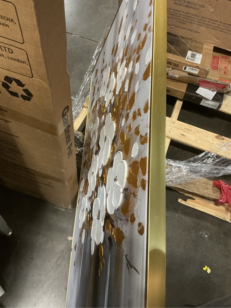 Condition photo showing New/Like New for (Defect, it’s a little broken)Hand-Painted White and Gold Flowers Oil Painting On Canvas for Living Room,Large 3D Floral Wall Art for Office,Framed Golden Leaf Textured Artwork for Bedroom Wall Decor 32x48inch GWKF-208-L 32x48inches x1