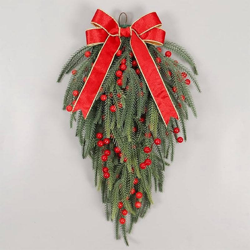 2pack artificial christmas swags 23.6 christmas teardrop swags artificial pine swag with bowknot, red berries winter swag decorative for xmas table wall fireplace door