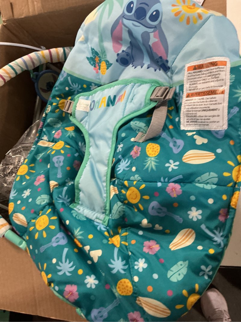Condition photo showing As Is for bright starts disney stitch ohana paradise vibrating baby bouncer, soothing vibrations infant seat with 2 sensory toys, 0-6 months