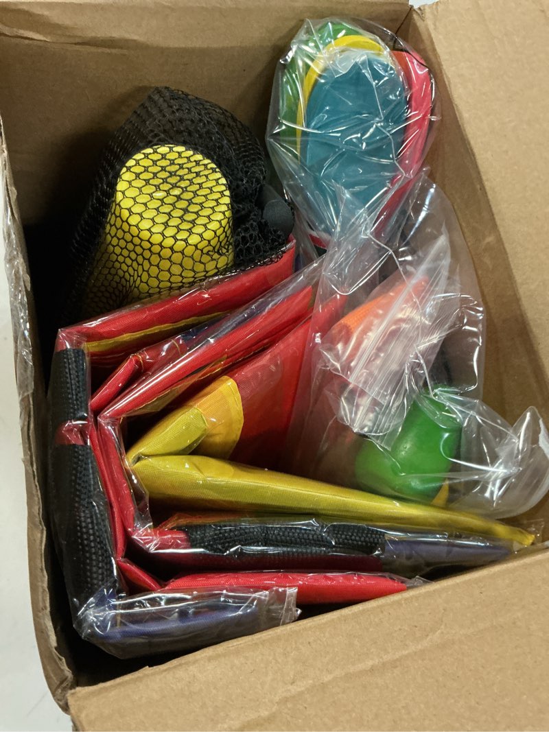 Condition photo showing Good Condition for 53 pieces outdoor lawn game carnival toss set potato sack race bags egg and spoon race party ring bean bag tossing cones prizes for adult family birthday party outdoor game supplies