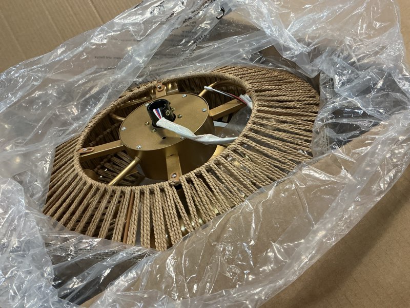 Condition photo showing Good Condition for 20 inch boho ceiling fan with light, 6 speeds, remote control, timer function, bladeless design, gold