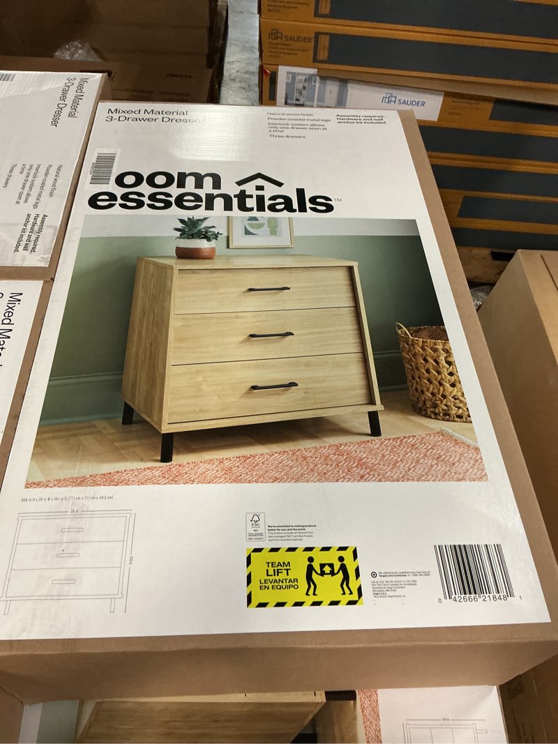 Condition photo showing New/Like New for mixed material wood and metal 3 drawer dresser natural wood - room essentials™