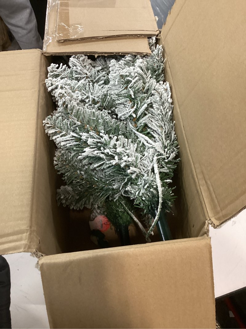 Condition photo showing As Is for QBA 5FT Prelit Flocked Christmas Tree, Slim Pencil Christmas Tree with 300 Warm White Lights, 265 PVC Branches Tips, Artificial Xmas Tree for Home Office Party Holiday Decoration
