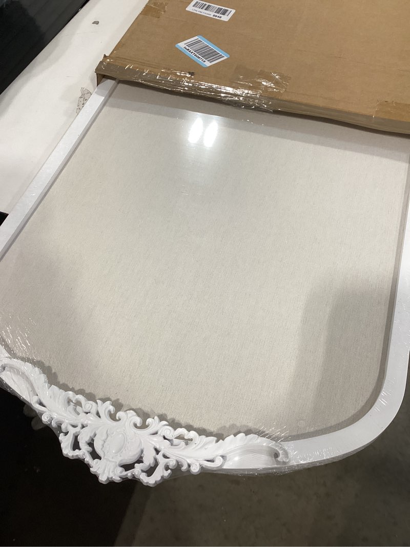 Condition photo showing New/Like New for Bulletin Board with Linen, Vintage Arch Framed Pin Board – 19 x 31 White Cork Board for Walls, White Pine Wood Frame, Fabric Pinboard, Vision Board for School, Home & Office
