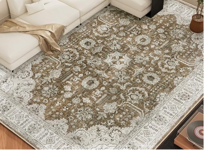 8x10 Area Rugs for Living Room, Vintage Design Washable Rug, Low Pile Non Slip Backing Area Rug for Bedroom, Home Decor, Farmhouse, Dining Room, Brown 8x10' (Rectangular) A12-brown