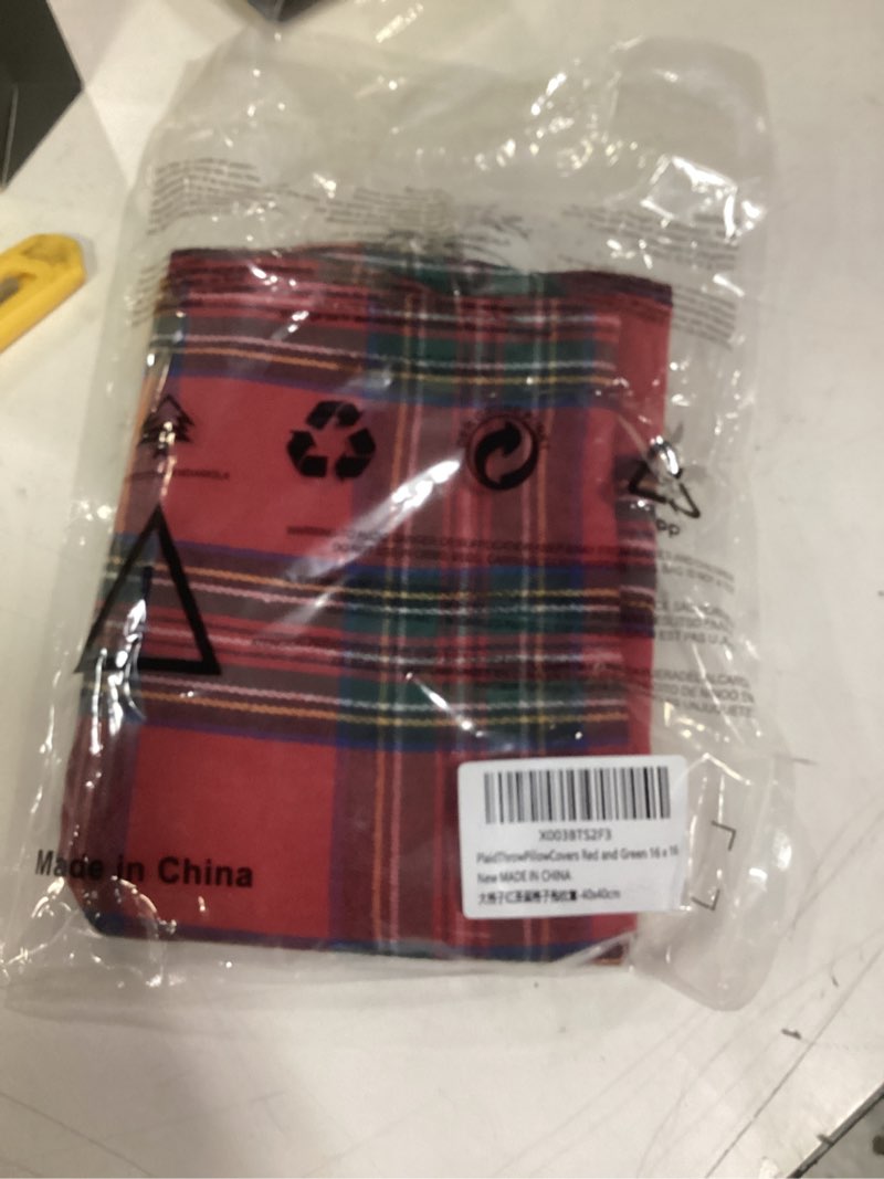 Condition photo showing New/Like New for AQOTHES Pack of 2 Christmas Plaid Decorative Throw Pillow Covers Scottish Tartan Cushion Case for Farmhouse Home Holiday Decor Red and Green, 16 x 16 Inches Red and Green Plaid 16" x 16" (Pack of 2)