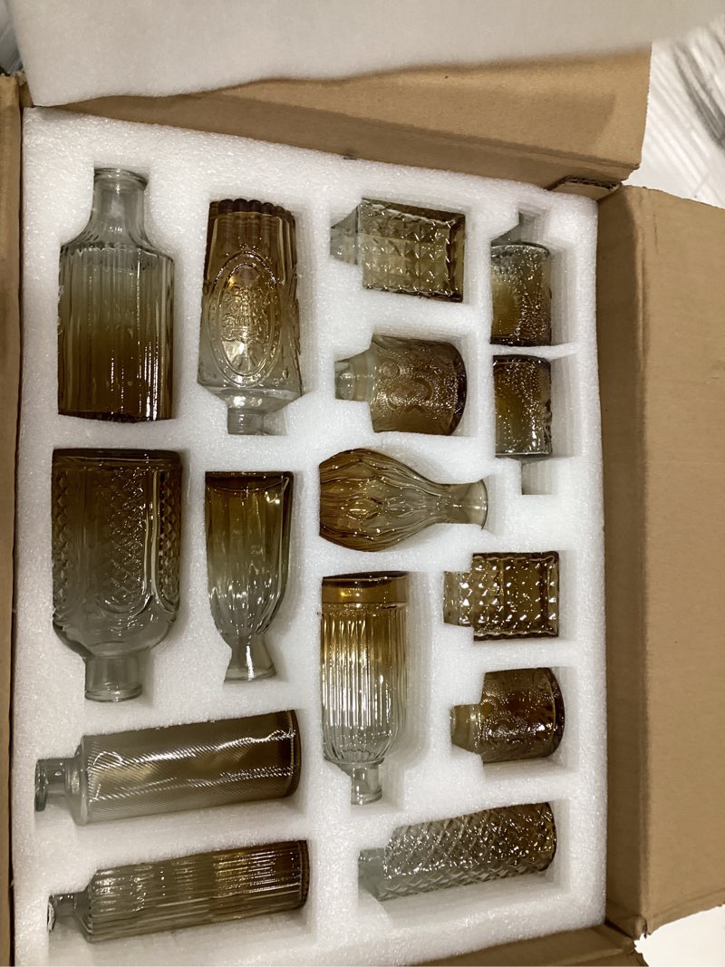 Condition photo showing Good Condition for glass bud vase set of 20 - small vases for flowers in bulk - assorted vintage crystal vases for flowers, table centerpieces (amber, 20 pcs) 20 pcs amber