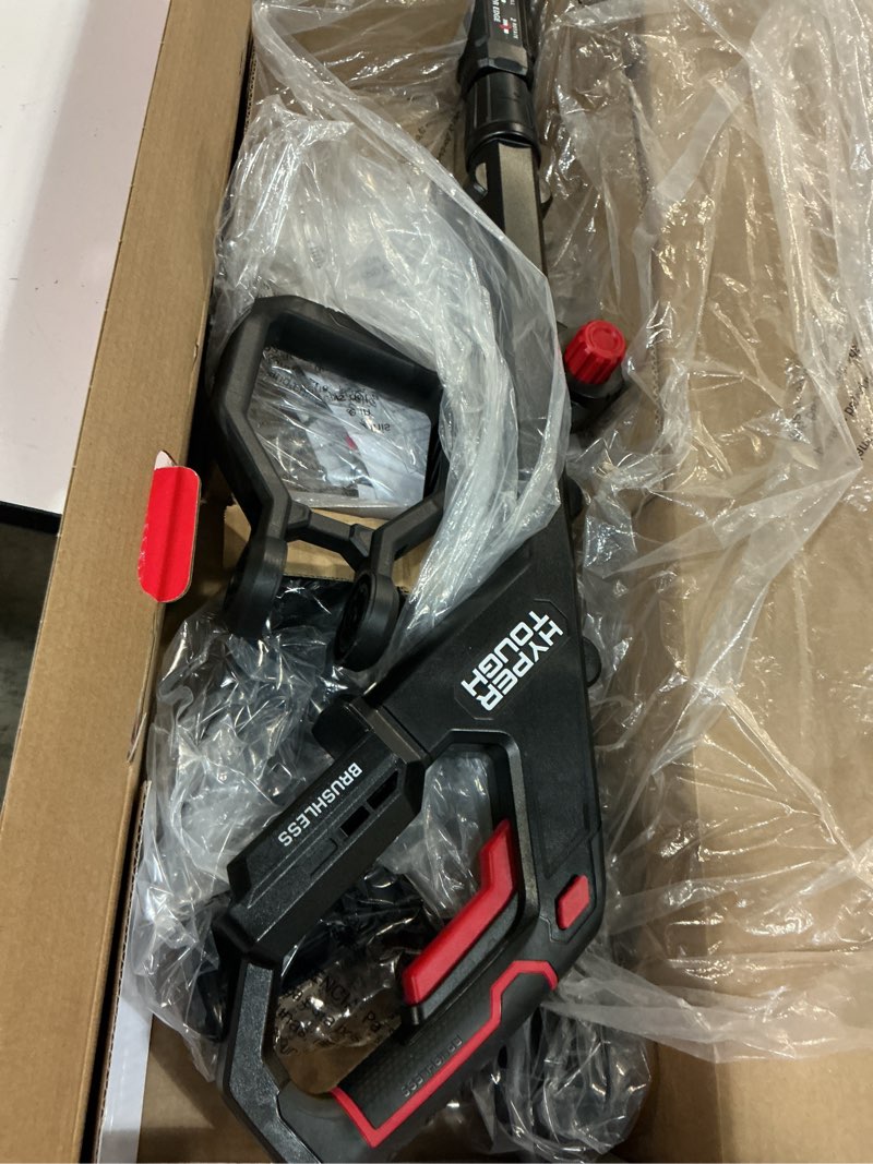 Condition photo showing As Is for hyper tough 12" 20v brushless cordless string trimmer with 20v max 2.0ah battery and charging cable