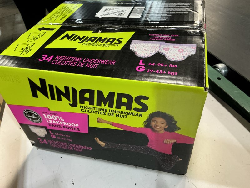 Condition photo showing New/Like New for ninjamas girls bedwetting nighttime underwear, size l (64-95+ lbs), 34 count, overnight protection, ultra absorbent, hypoallergenic large 34