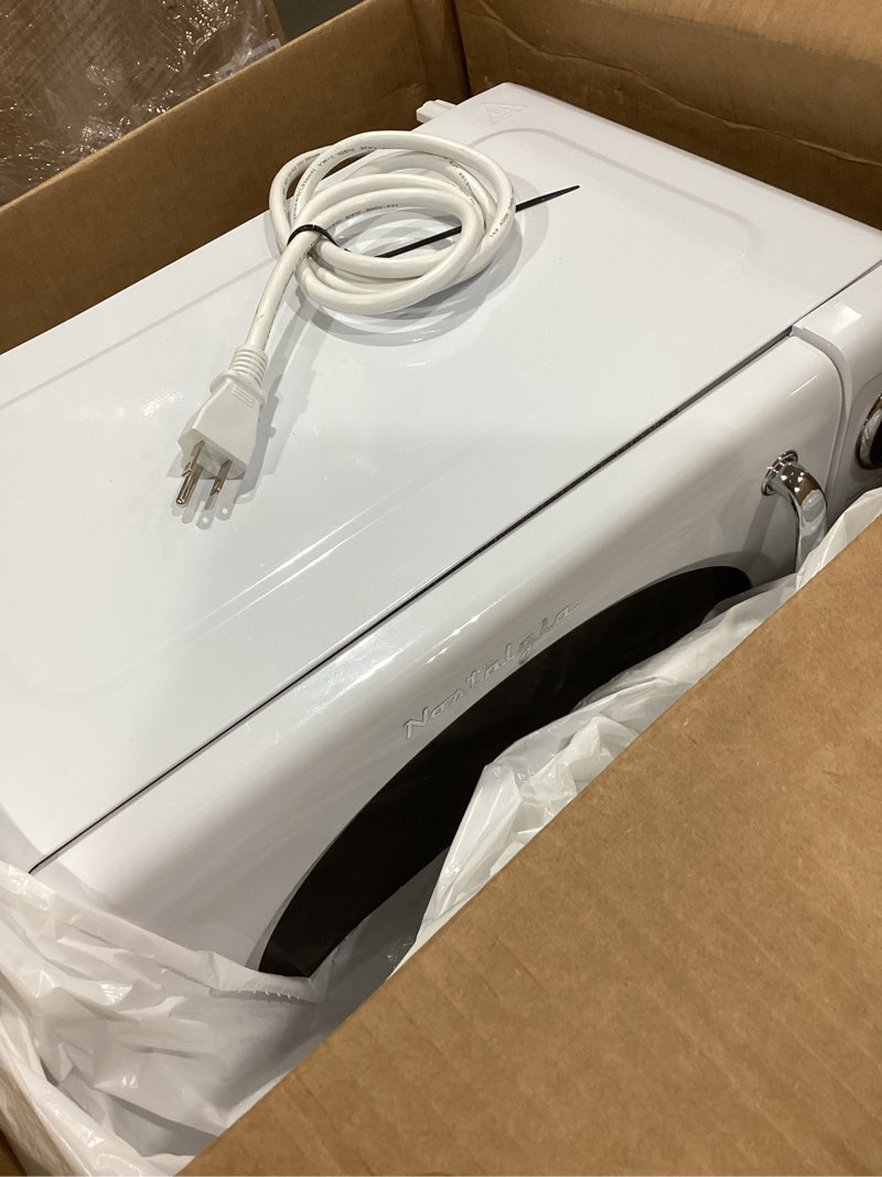 Condition photo showing As Is for nostalgia countertop microwave oven with easy clean interior - retro microwave with led display & child lock- compact 0.7 cu. ft. oven with 12 pre-programmed settings for quick cooking- 700-watts-aqua retro classic 0.7 cu. ft. aqua