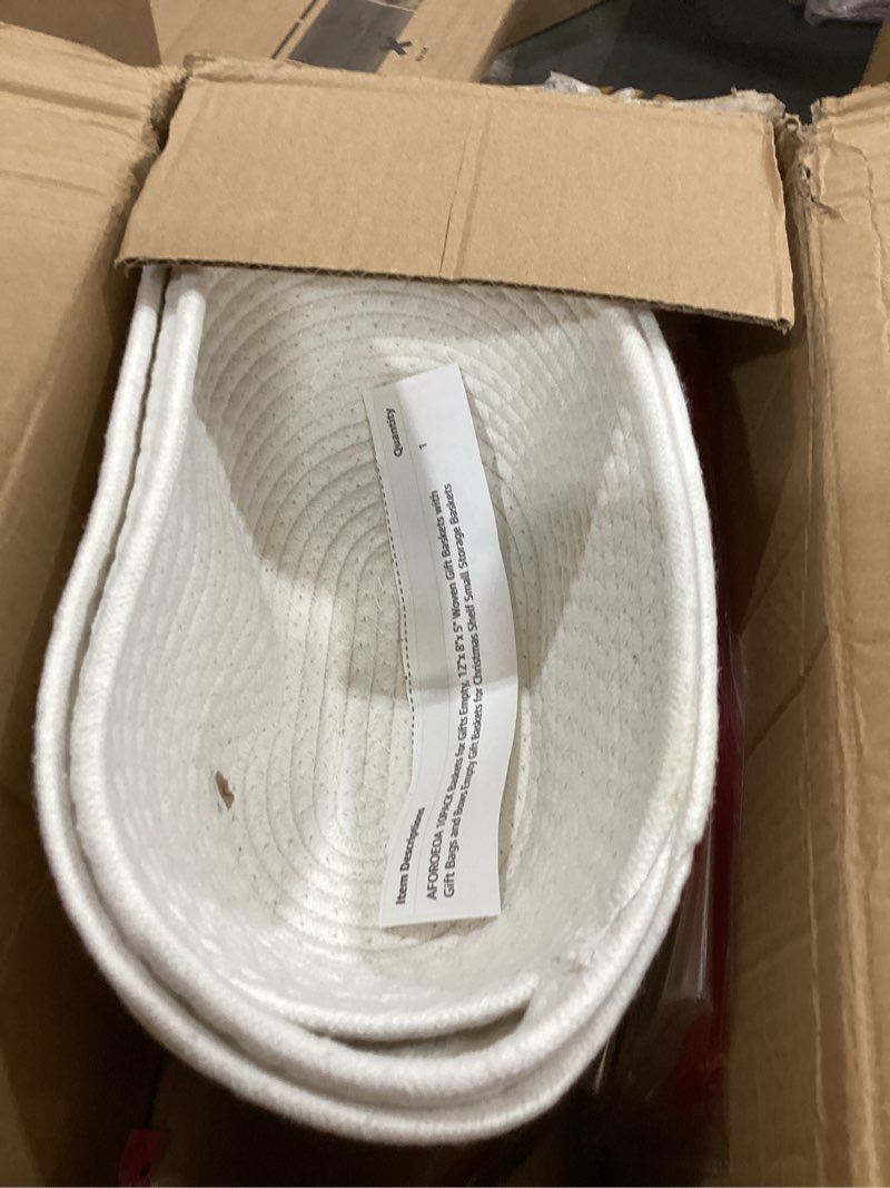 Condition photo showing As Is for aforoeoa 10pack baskets for gifts empty, 12"x 8"x 5" woven gift baskets with gift bags and bows empty gift baskets for christmas shelf small storage baskets with handles, white 10 white