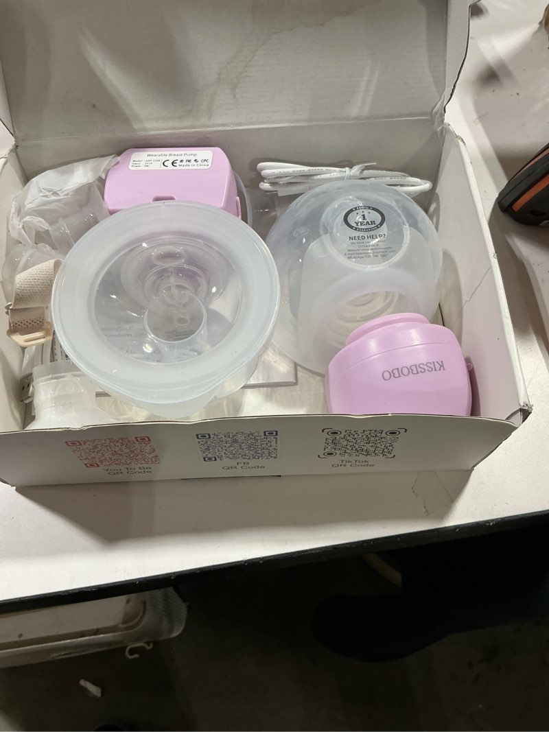 Condition photo showing As Is for smart double sides wearable breast pump, electric bilateral breast pump, 3 modes 9 levels with storage bag, low noise painless rechargeable wireless electrical (white 2pcs)