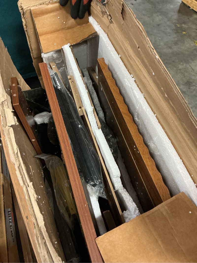 Condition photo showing As Is for 43.3'' Vanity Desk with Mirror and Lights, with Glass Tabletop, with 5 Drawers & Shelves,Makeup Vanity Set for Bedroom, Walnut Walnut 15.75D*43.31W*56.3H