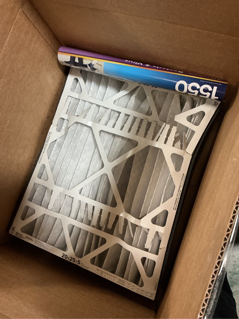 Condition photo showing As Is for filtrete 20x25x5 ac furnace air filter, mpr 1550, merv 12, fits trion airbear, certified asthma & allergy friendly, electrostatic air cleaning filter, 1-pack (actual size 19.56 x 24.13 x 4.75) 4.7" x 24.2" x 19.6"