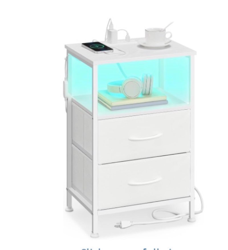  songmics bellah collection - nightstand with charging station and app-controlled adjustable led lights, bed side table, 2 drawer and 1 open shelf, bedroom, cloud white and snow white ulgs302wh01s