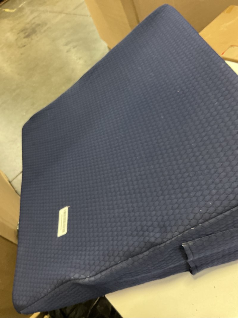 Condition photo showing As Is for bedluxe wedge pillow, 10 inch bed wedge pillow for headboard, pillow wedge for acid reflux relief, sleeping, after surgery, snoring, gerd, triangle pillow wedge - cooling memory foam top, navy 24*24*10 inch navy