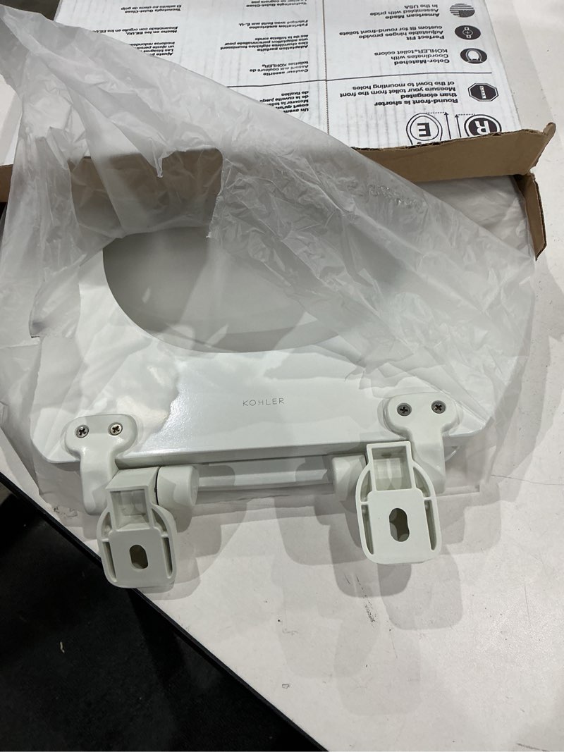 Condition photo showing Good Condition for kohler stonewood quiet-close, round toilet seat soft close, durable wood, easy installation, universal fit, home essentials, white finish, k-20467-0 white round double-hinge
