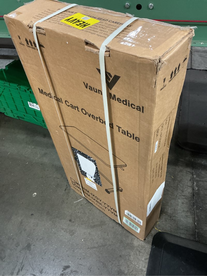 Condition photo showing New/Like New for vaunn medical adjustable overbed bedside table with wheels (hospital and home use) black