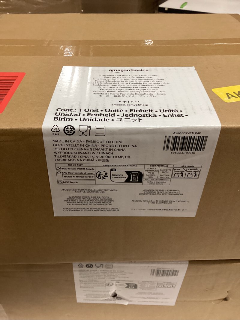 Condition photo showing New/Like New for amazon basics enameled cast iron dutch oven pot with lid, round, dual handles, heavy-duty, oven safe for stews, roasting, baking,6-quart, gray gray 6-quart