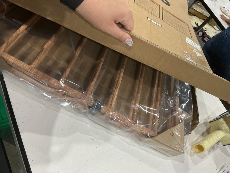 Condition photo showing New/Like New for babelio 34" extra tall baby/dog gate with no threshold design walk thru door, 26-43" auto close safety gate for babies, elders and pets, fits doorways, stairs, and entryways, brown wood pattern brown wood pattern - b17 34" h, 26-43" w-standard