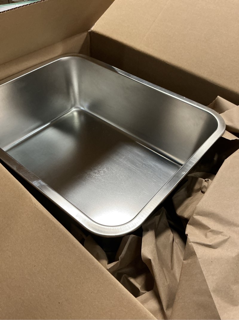 Condition photo showing As Is for stainless steel litter box, 18"x14"x6"(height) medium metal cat litter box easy clean, non stick litterbox no smell for cats or kitty, rabbits medium (17.7"x13.7"x6")