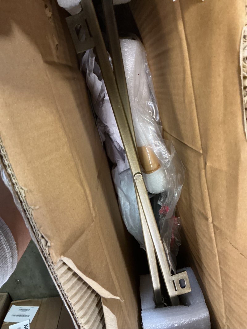 Condition photo showing As Is for kate and laurel sanzo transitional metal skinny side table, 17 x 9 x 24, antique brass, rectangular slim bedroom nightstand with hammered tabletop for use as bedside accent or living room end table