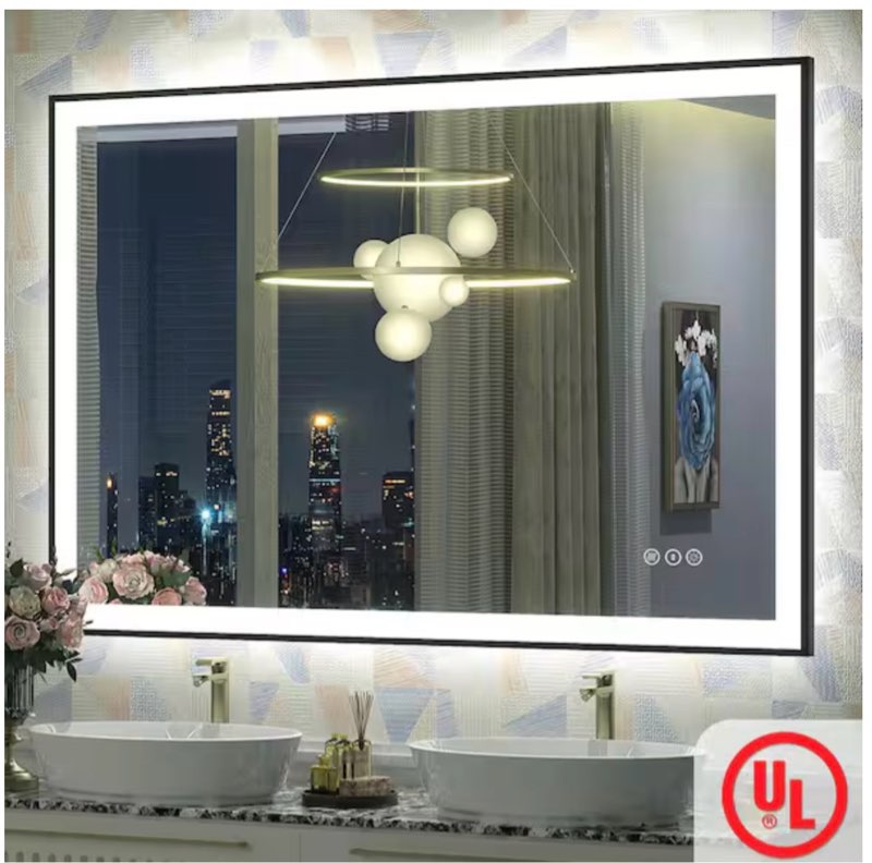 48 in.w x 32 in.h rectangular framed ul certified front and back led anti-fog tempered glass wall bathroom vanity mirror