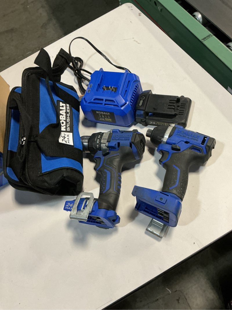 Condition photo showing As Is for kobalt 24-volt 2-tool brushless power tool combo kit with soft case (1-battery included and charger included)
