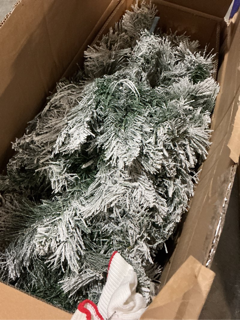 Condition photo showing As Is for Yaheetech 6ft Pre-lit Artificial Christmas Tree with Incandescent Warm White Lights, Snow Flocked Full Prelighted Xmas Tree W/820 Branch Tips, 250 Incandescent Lights & Foldable Stand, Green & White