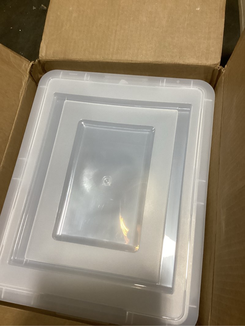 Condition photo showing Good Condition for IRIS USA File Box, Plastic File Organizer with Lids for Letter/Legal File, Portable Document Box For Moving, Storage Bin with Durable and Secure Lid, Stackable Nestable BPA-Free, Clear 35 Qt. 4 Pack Clear - 4 Pack