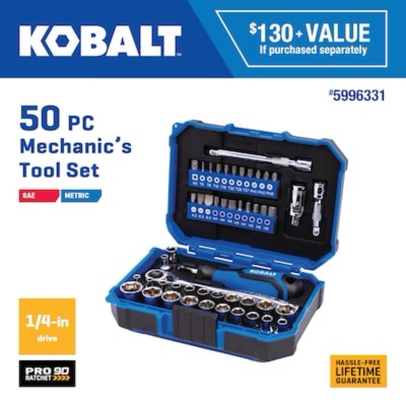 kobalt 50 -piece metric and standard (sae) mechanics tool set with hard case