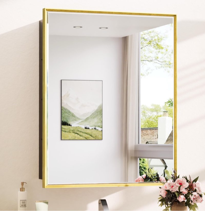 TokeShimi 24x30 Recessed Medicine Cabinet with Mirror Wall Mounted, Metal Beveled Mirror with Storage for Bathroom Vanity, Aluminum Alloy Medicine Cabinet Mirrored Gold