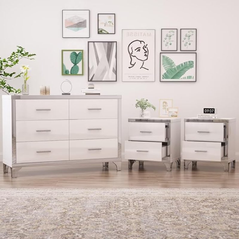 3-Pieces Sets,Dresser and Two Nightstands with Metal Handles and Mirror Decoration, Elegant and Subtle,White