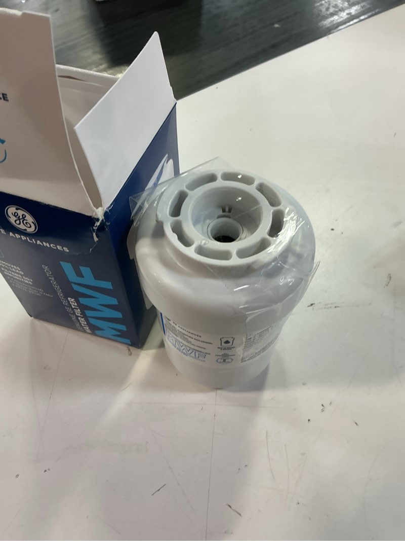 Condition photo showing As Is for ge mwf™ refrigerator water filter, genuine replacement filter, certified to reduce lead, microplastics, pfoa/pfos, and 50+ other impurities, compatible with ge appliances brands, pack of 1