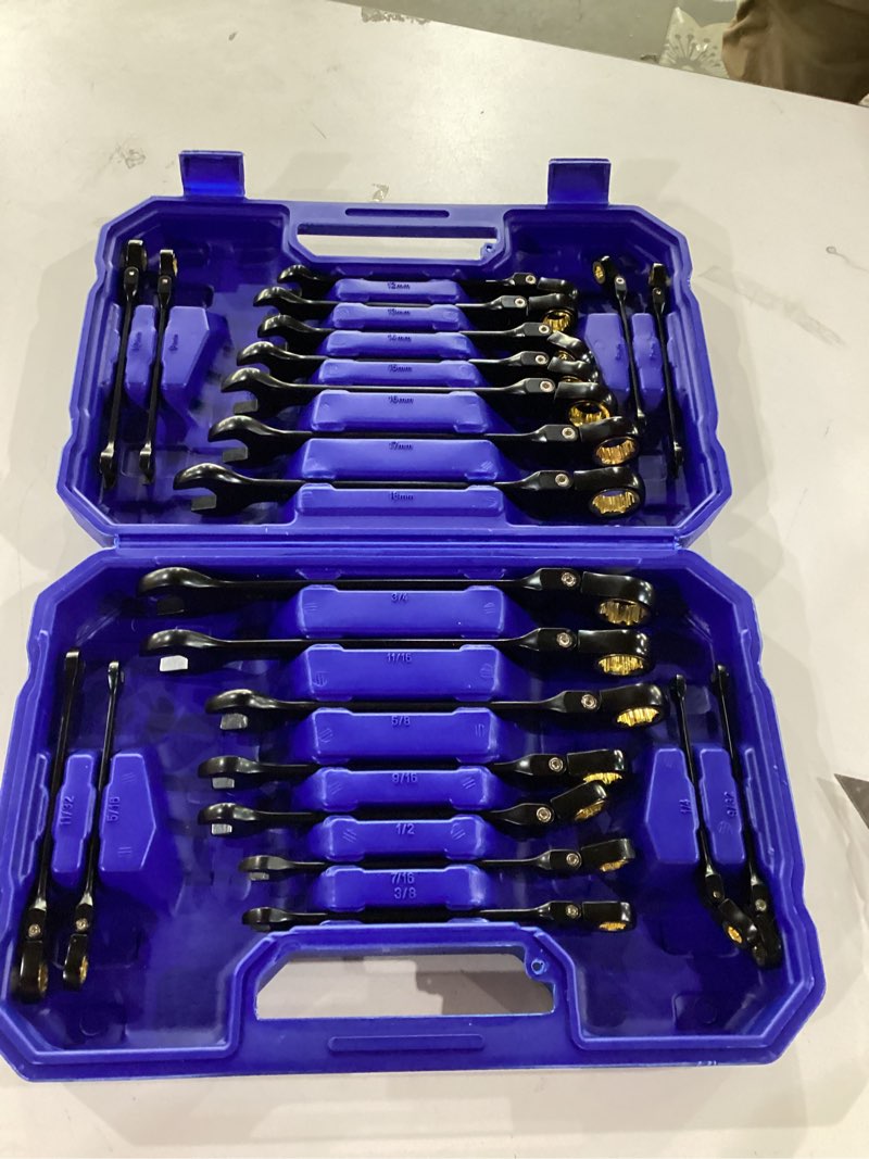 Condition photo showing As Is for WORKPRO 22-piece Ratcheting Wrench Set with 180° Flex Head, Anti-Slip Tooth, Combination Wrench Sets with Organizer Box, Metric 6-18mm & SAE 1/4-3/4", Black Electrophoretic Coating Flex-head