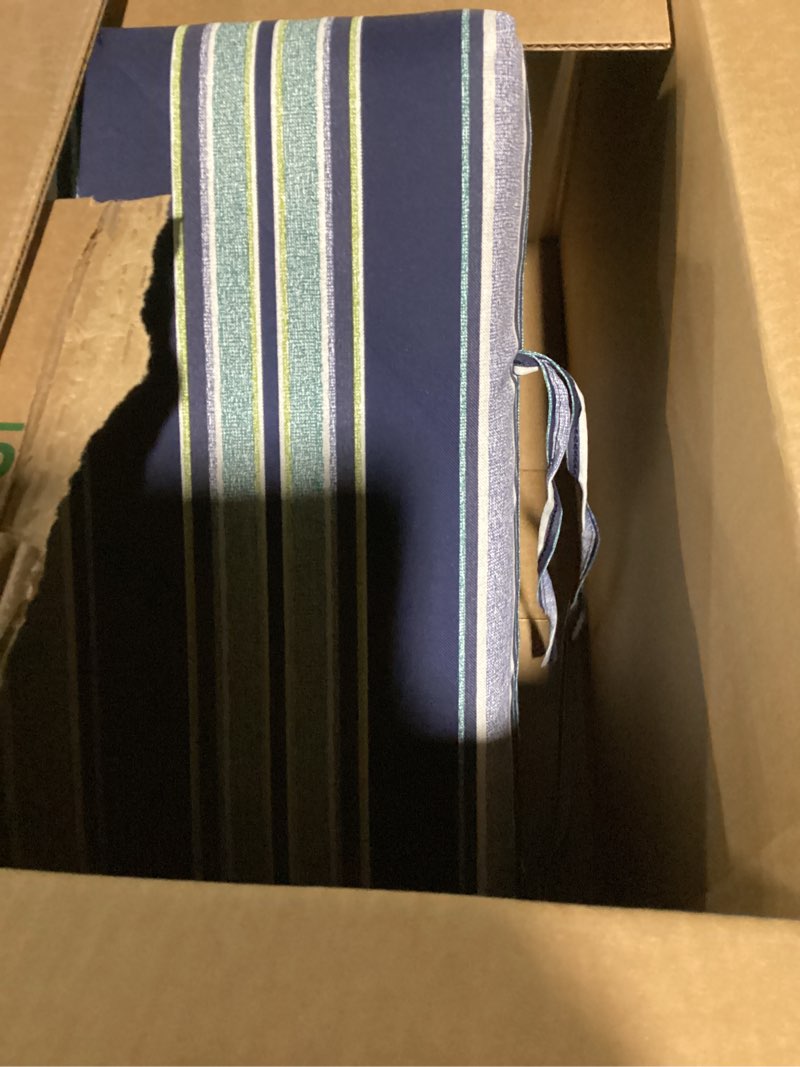 Condition photo showing Good Condition for arden outdoor midback chair cushion, 18 x 16.5, water repellent, fade resistant 18 x 16.5, sapphire aurora blue stripe