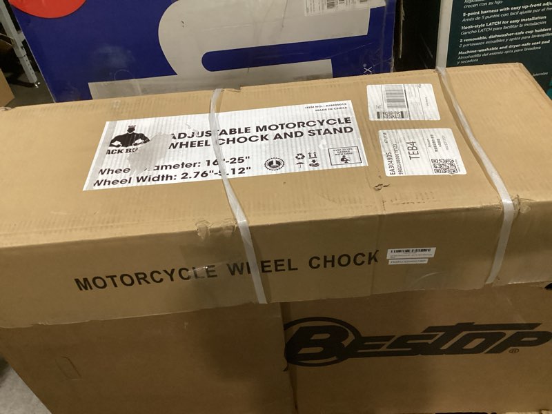 Condition photo showing New/Like New for motorcycle wheel chock, motorcycle stand up to 1800lbs, wide range 3 inch to 5 inch support adjustable front tire stand chocks for trailer and truck, suitable for most motorcycle, asm05012.