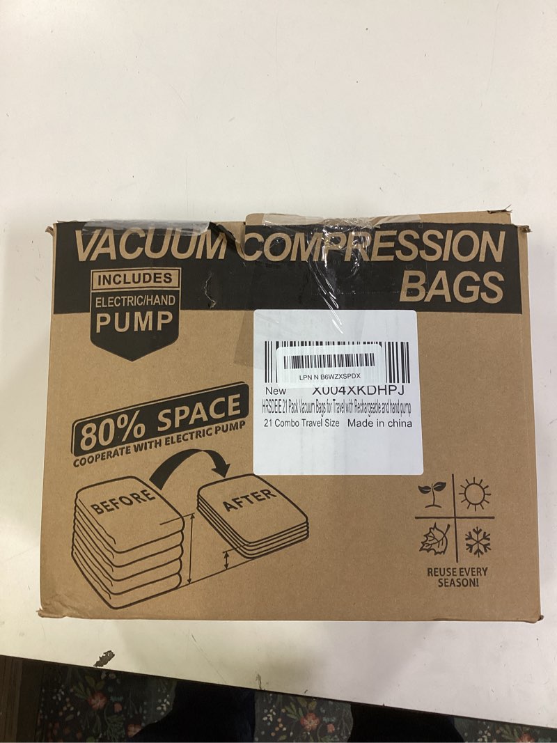 Condition photo showing New/Like New for Travel Vacuum Storage Bags for Clothing with Rechargeable Air & Hand Pump, 21 Pack Portable Space Saver Bags, Compression Packing Seal for Luggage and Suitcase, Blankets, Seasonal Storage 21 Combo Travel Size