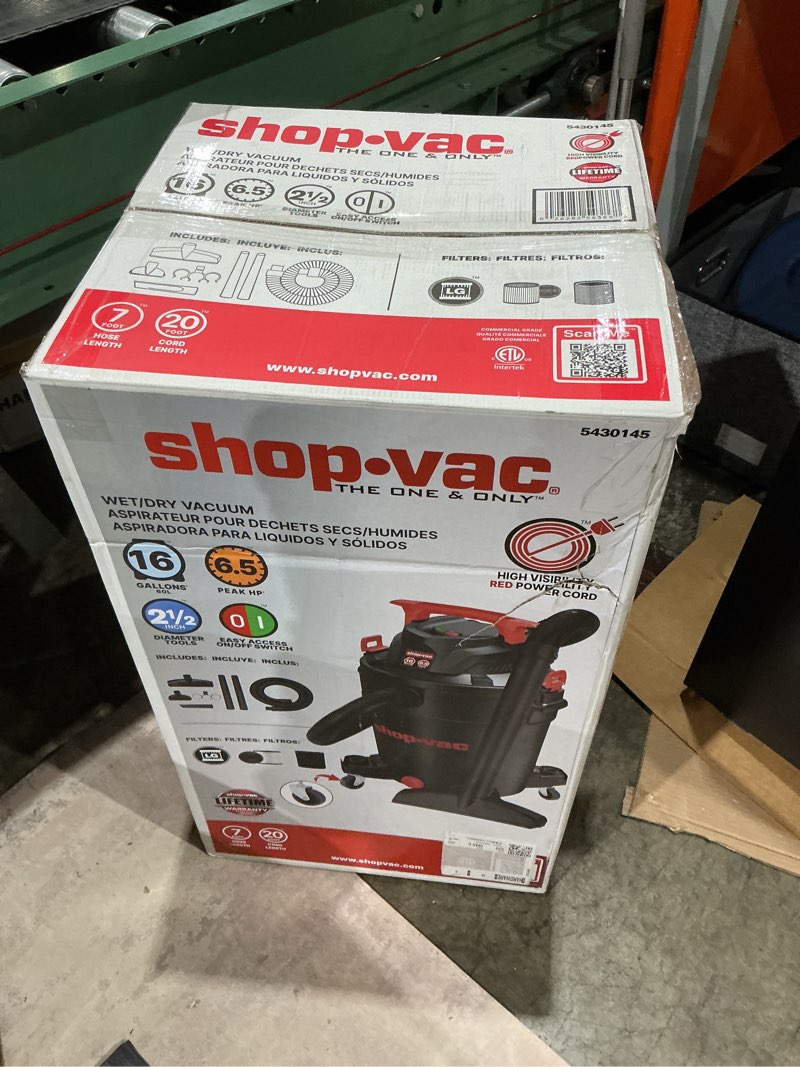 Condition photo showing As Is for shop-vac 16-gallon 6.5 hp corded wet/dry shop vacuum with accessories included