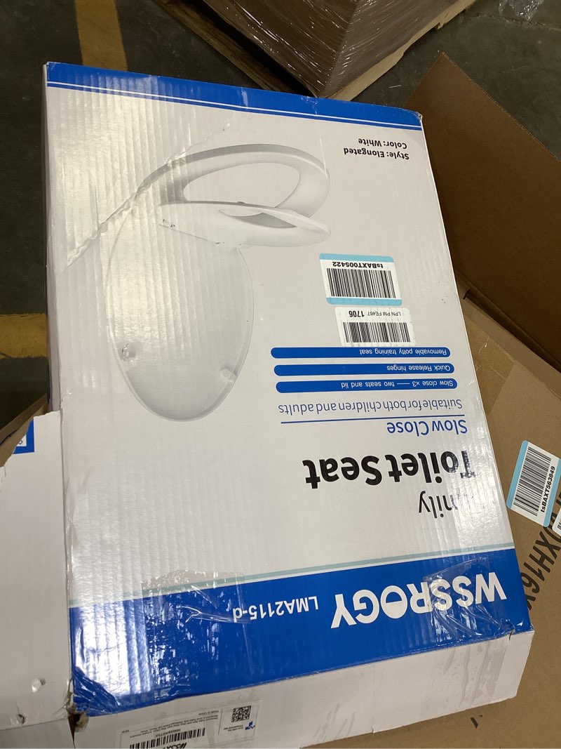 Condition photo showing As Is for Elongated Toilet Seat with Slow Close Seat, Easy Clean, Suitable Standard Elongated or Oval Toilet with Thickened Plastic Lid, Plastic, White Elongated Without Lights