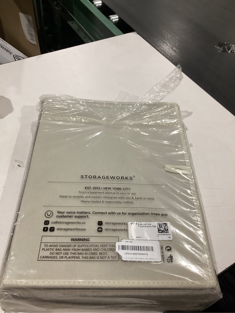 Condition photo showing Good Condition for StorageWorks Fabric Storage Bins with Lid, Decorative Storage Boxes for Shelves, Stackable Closet Organizer Basket with Handles, Jumbo, Brown and Beige, 2-Pack Brown and Beige Jumbo